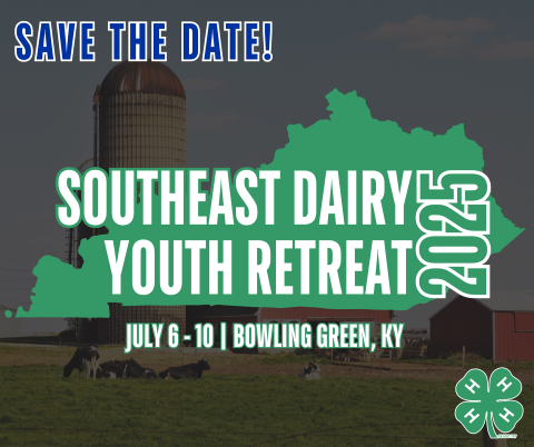 A green outline of Kentucky with the text Save the Date, Southeast Dairy Youth Retreat 2025 July 6-10 Bowling Green, KY